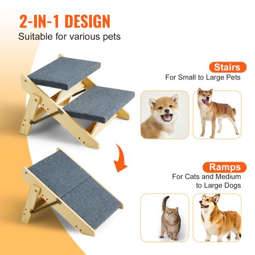Wooden Pet Steps Convertible 2in1 Dog Stairs and Ramp for Beds Sofas