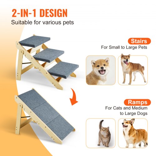 Wooden Pet Steps Convertible 2in1 Dog Staircase Ramp for Access to Beds