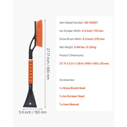 Snow Brush And Ice Scrapers For Car Windshield 27Inch Aluminum Scraper Removal