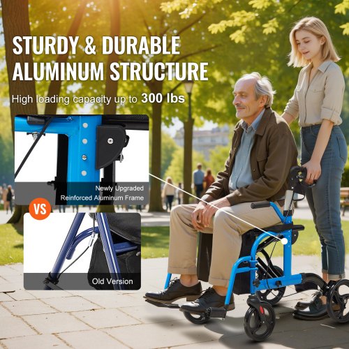 2 in 1 Rollator Walker Transport Chair for Seniors Folding Rolling Walker