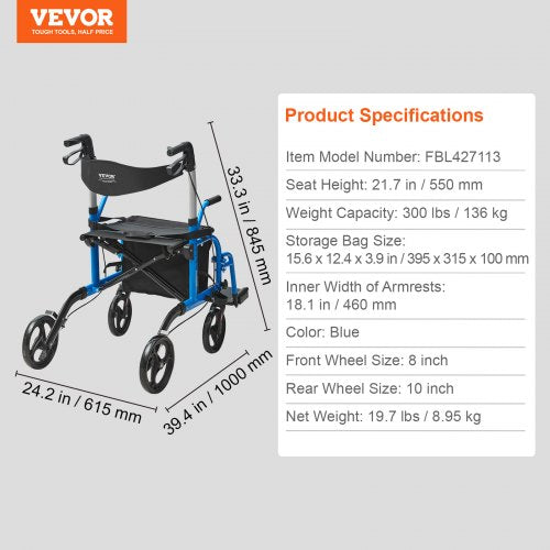 2 in 1 Rollator Walker Transport Chair for Seniors Folding Rolling Walker
