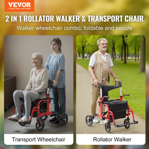 2 in 1 Rollator Walker Transport Chair for Seniors Folding Rolling Walker