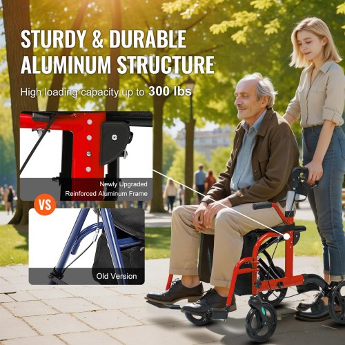 2 in 1 Rollator Walker Transport Chair for Seniors Folding Rolling Walker