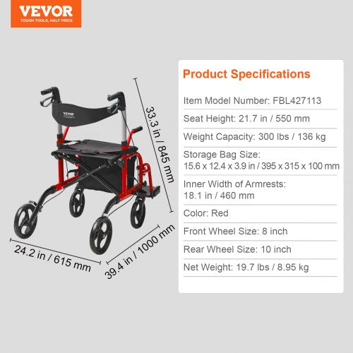2 in 1 Rollator Walker Transport Chair for Seniors Folding Rolling Walker