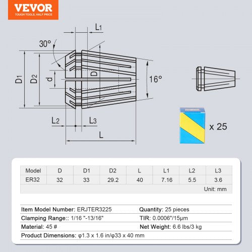 25 pcs ER32 Collet Set 1161316 ER32 Spring Collet Chuck Set