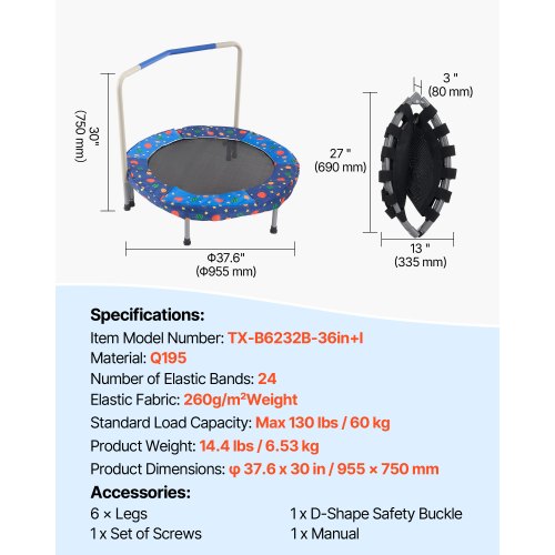 36 Kids Trampoline 3FT Indoor Outdoor Trampoline Foldable Mini Trampoline
