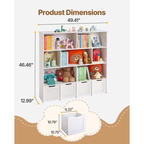 Toy Storage Organizer Wooden Kids Bookshelf With Cabinet 4 Mobile Drawers For