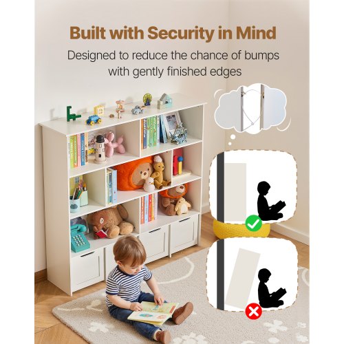 Toy Storage Organizer Wooden Kids Bookshelf With Cabinet 4 Mobile Drawers For
