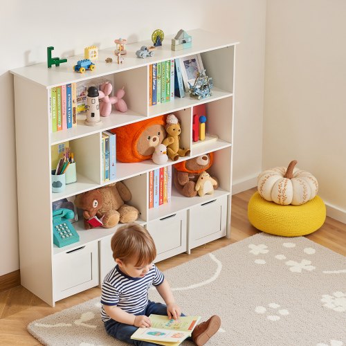 Toy Storage Organizer Wooden Kids Bookshelf With Cabinet 4 Mobile Drawers For