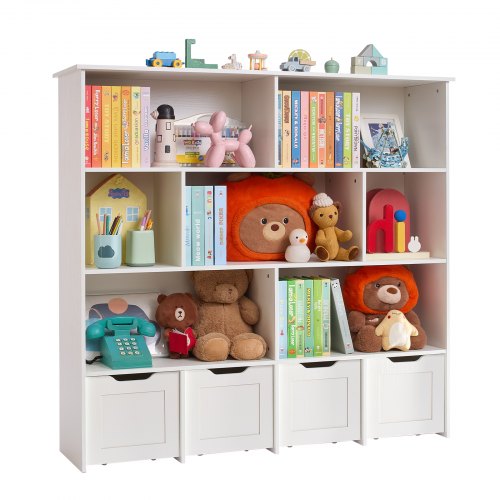 Toy Storage Organizer Wooden Kids Bookshelf With Cabinet 4 Mobile Drawers For