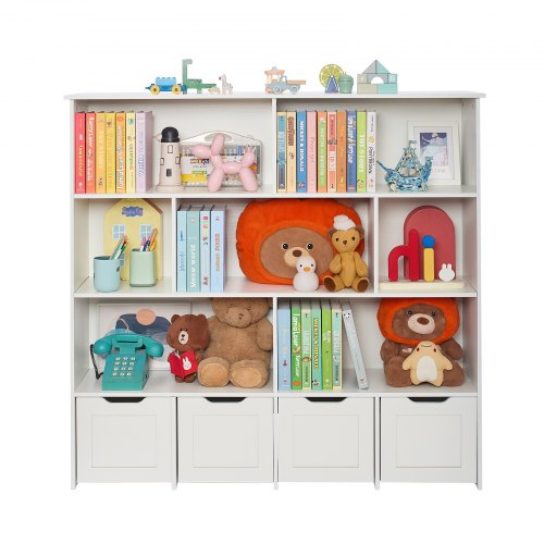 Toy Storage Organizer Wooden Kids Bookshelf With Cabinet 4 Mobile Drawers For