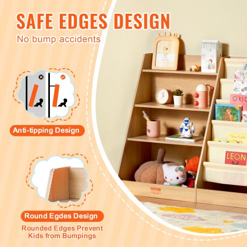 4Tier Kids Wooden Bookshelf SixLayer Sling Bookcase Baby Storage Book