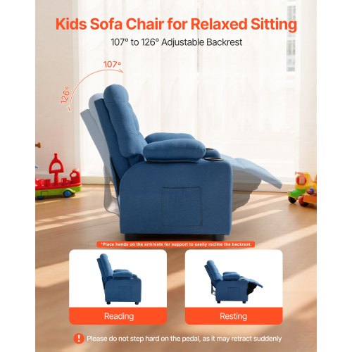 Kids Reclining Chair Toddler Recliner with Cup Holders and Pockets 107° to 126°