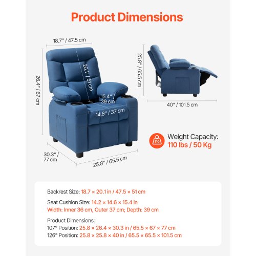 Kids Reclining Chair Toddler Recliner with Cup Holders and Pockets 107° to 126°