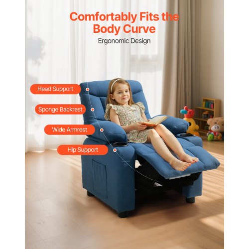 Kids Reclining Chair Toddler Recliner with Cup Holders and Pockets 107° to 126°