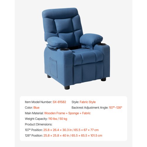 Kids Reclining Chair Toddler Recliner with Cup Holders and Pockets 107° to 126°