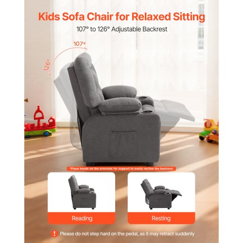 Kids Reclining Chair Toddler Recliner with Cup Holders and Pockets 107° to 126°