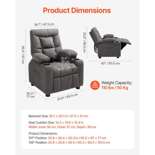 Kids Reclining Chair Toddler Recliner with Cup Holders and Pockets 107° to 126°