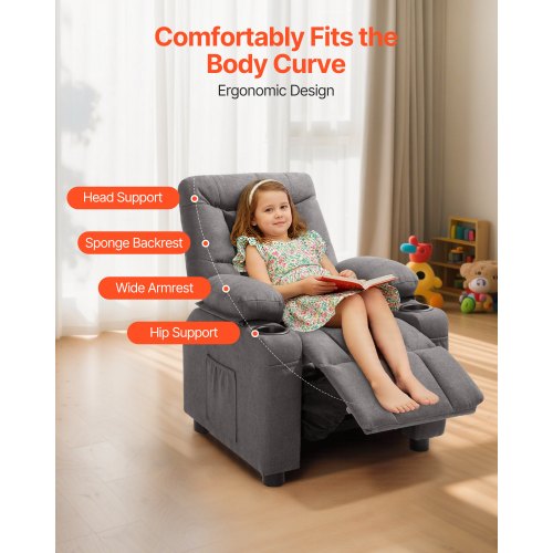 Kids Reclining Chair Toddler Recliner with Cup Holders and Pockets 107° to 126°