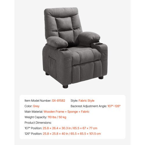 Kids Reclining Chair Toddler Recliner with Cup Holders and Pockets 107° to 126°