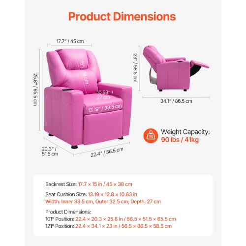 Kids Reclining Chair Toddler Recliner with Cup Holder 101° to 121°