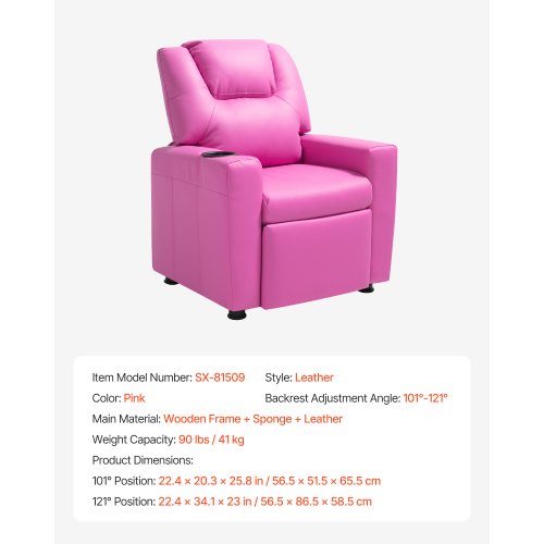 Kids Reclining Chair Toddler Recliner with Cup Holder 101° to 121°