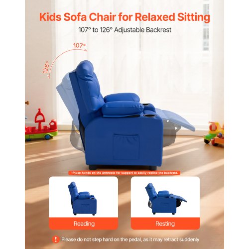 Kids Reclining Chair Toddler Recliner with Cup Holders and Pockets 107° to 126°