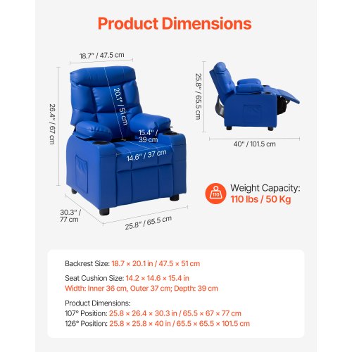 Kids Reclining Chair Toddler Recliner with Cup Holders and Pockets 107° to 126°