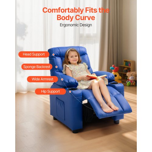 Kids Reclining Chair Toddler Recliner with Cup Holders and Pockets 107° to 126°