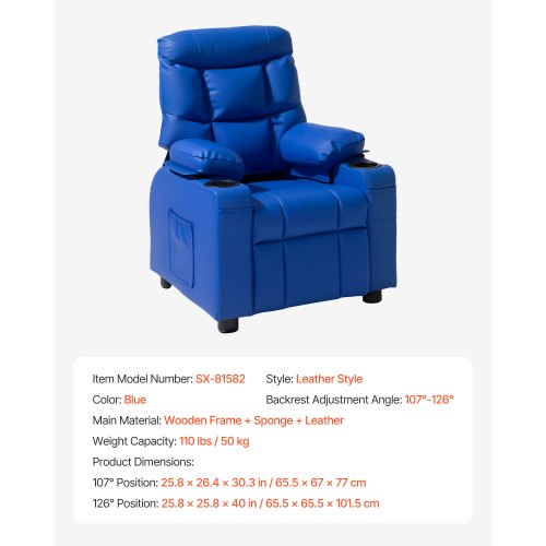 Kids Reclining Chair Toddler Recliner with Cup Holders and Pockets 107° to 126°
