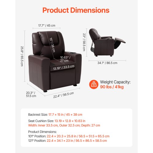 Kids Reclining Chair Toddler Recliner with Cup Holder 101° to 121°