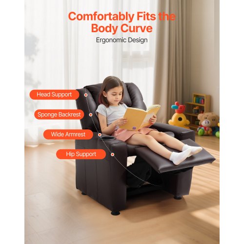 Kids Reclining Chair Toddler Recliner with Cup Holder 101° to 121°