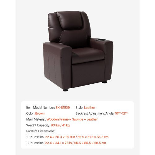 Kids Reclining Chair Toddler Recliner with Cup Holder 101° to 121°