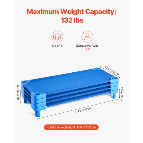 Stackable Kiddie Cot Pack of 4 Portable Toddler Nap Cots Standard Size