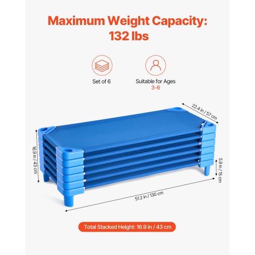 Stackable Kiddie Cot Pack of 6 Portable Toddler Nap Cots Standard Size