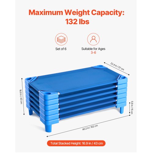 Stackable Kiddie Cot Pack Of 6 Portable Toddler Nap Cots Standard Size 40 L X