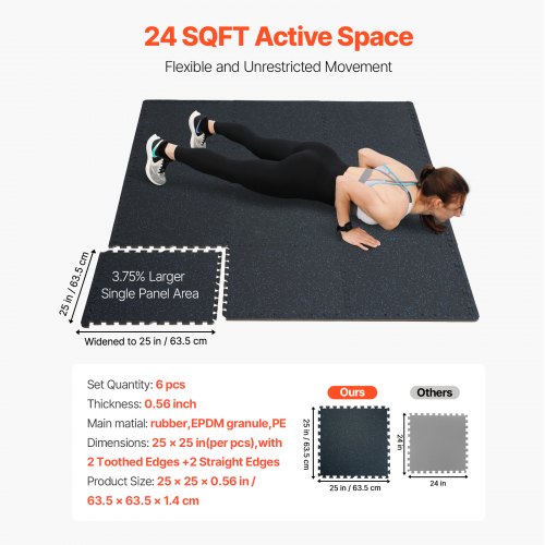 056 Inch Thick Gym Floor Mats 6 Tiles Rubber Top with EVA Foam 25 x 25