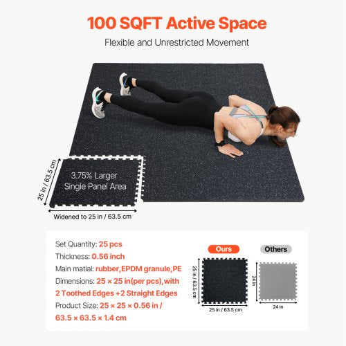 0.56 Inch Thick Gym Floor Mats 25 Tiles Rubber Top with EVA Foam 25" x 25"