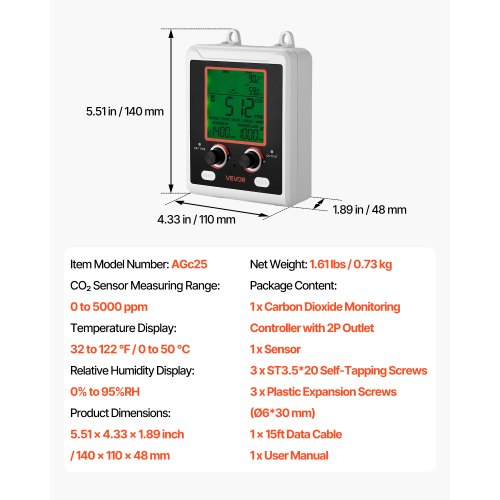 Carbon Dioxide Monitoring Controller Dual Outlets Co2 Meter Monitor Day And