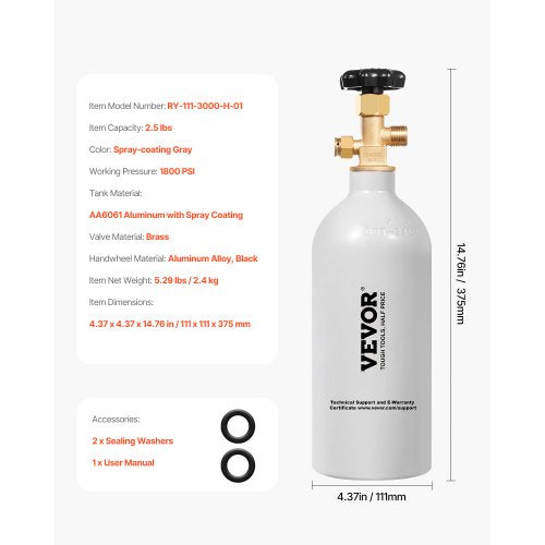 CO2 Tank 2.5 lbs New Aluminum Alloy Cylinder CO2 Air Tank with Light Gray