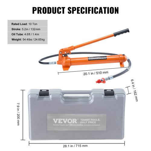 10 Ton Porta Power Kit Portable Hydraulic Jack with 46 ft1.4 m Oil Hose