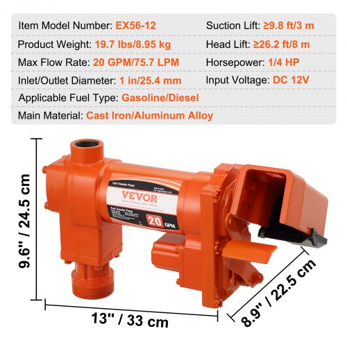 Fuel Transfer Pump 12V DC 20 GPM 14 HP High Flow Cast Iron Gasoline