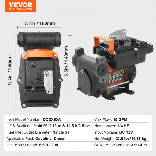 Fuel Transfer Pump 12V DC 15 GPM 14 HP Portable Electric Diesel Transfer