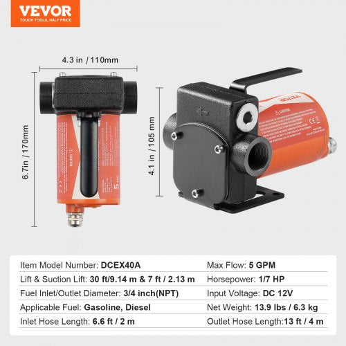 Fuel Transfer Pump 12V DC 53 GPM 110 HP Portable Electric Diesel