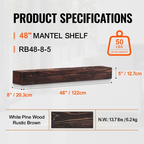Fireplace Mantel 48 x 8 x 5 50 lbs Weight Capacity Natural Wood Mantel