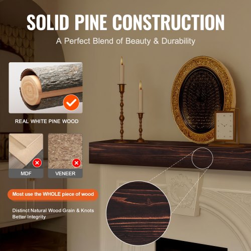 Fireplace Mantel 48 x 8 x 5 50 lbs Weight Capacity Natural Wood Mantel