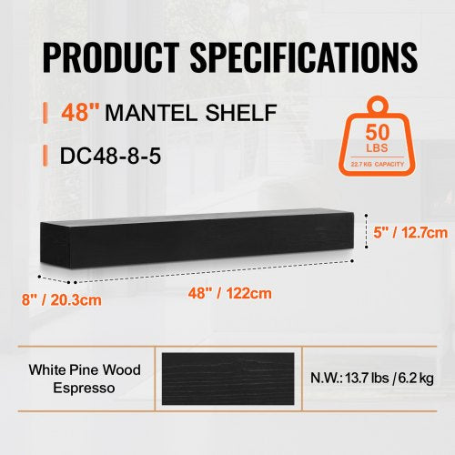 Fireplace Mantel 48 x 8 x 5 50 lbs Weight Capacity Natural Wood Mantel