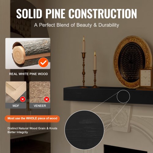 Fireplace Mantel 48 x 8 x 5 50 lbs Weight Capacity Natural Wood Mantel