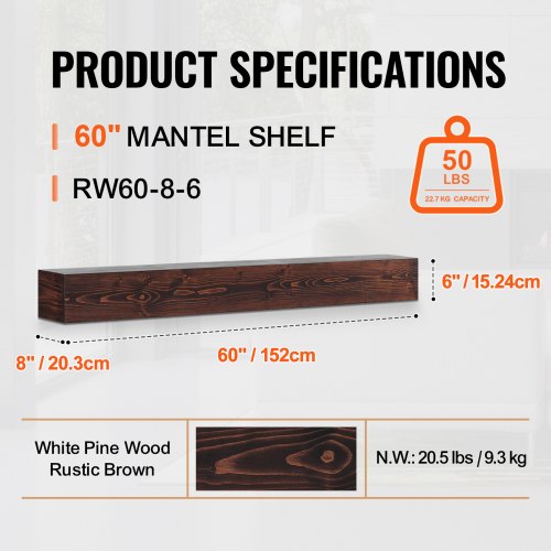 Fireplace Mantel 60 x 8 x 6 50 lbs Weight Capacity Natural Wood Mantel