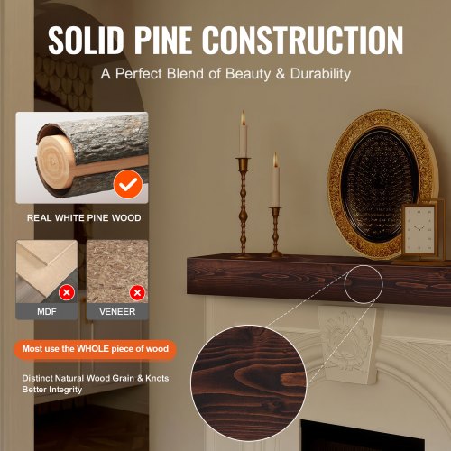 Fireplace Mantel 60 x 8 x 6 50 lbs Weight Capacity Natural Wood Mantel
